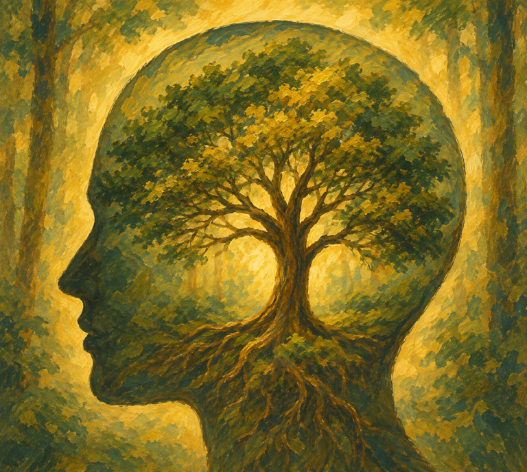 Silhouette of a head containing a flourishing tree, representing growth and self-awareness